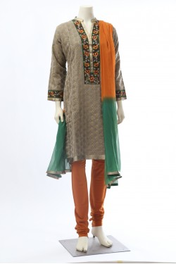 Green and Mustard Straight Chanderi Suit